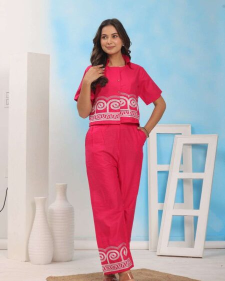 Women's Cotton Embroidered Crop top Co-Ord Set Coordinate Set Summer Wear Printed Crop Top with Pant Set