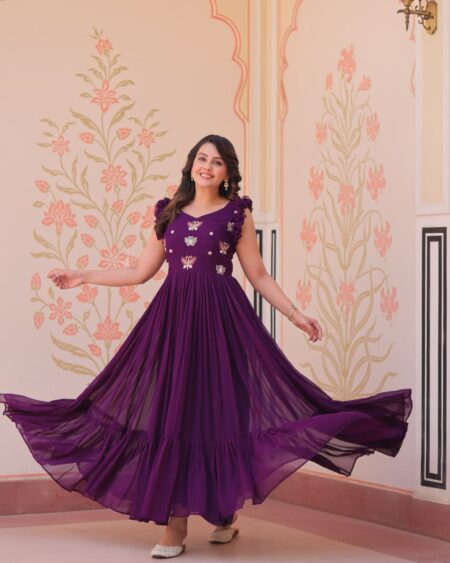 Women's Elegant Plum Purple Georgette Anarkali Gown with Butterfly Applique & Ruffle Sleeves – Festive & Special Occasion Wear