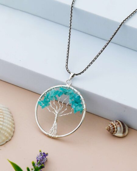 Amazonite Pendant Tree of Life Crystal Stone Pendant Locket with Metal Chain for  Healing Crystal Healing Gemstone Size 35-40 mm Amazonite