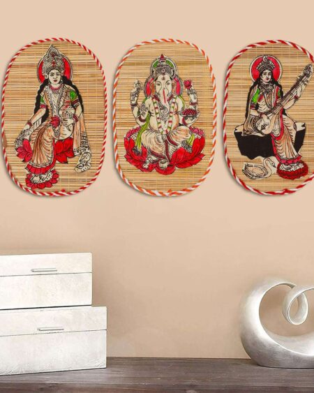 Bamboo Hand Crafted Wall Hangings Of The Trio Of  Ganesh Ji, Laxmi Ji And Sarwasti Ji Painting For Home Decor