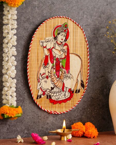 Oval Shaped Design Bamboo Hand Crafted Wall Hangings Of Krishna Ji With Holy Cow For Home Decor | Bamboo Art For Wall Decor