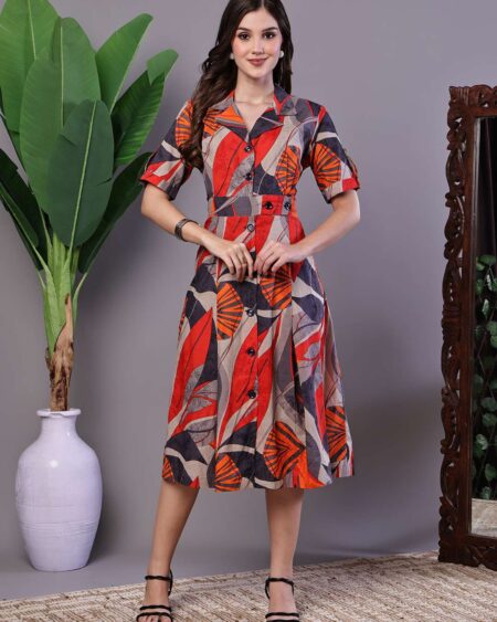 Women's Leaf Print Button-Down Cotton Midi Dress