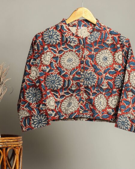 Hand Block Print Cotton Shirt for Women ? Floral Printed Button-Down Top with Full Sleeves
