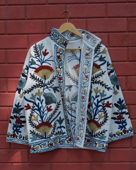 Womens White Velvet Embroidered Jacket with Floral Design