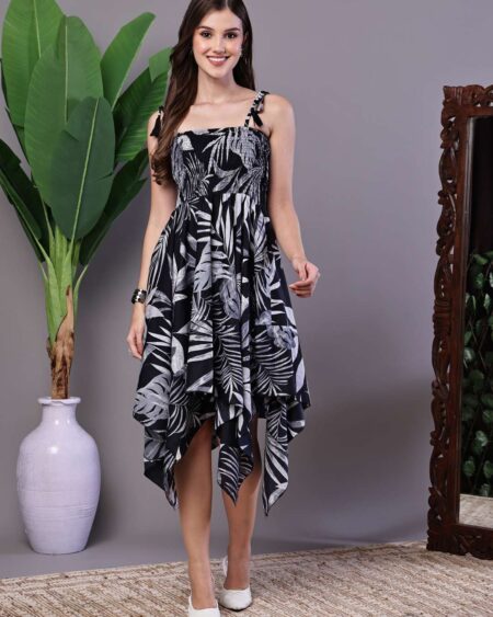 Women's Black & White Leaf Print Cotton Handkerchief Hem Dress Midi Dresses