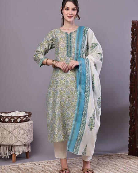Women's Green & Blue Floral Chanderi Printed Kurta Set with Dupatta Suit Sets