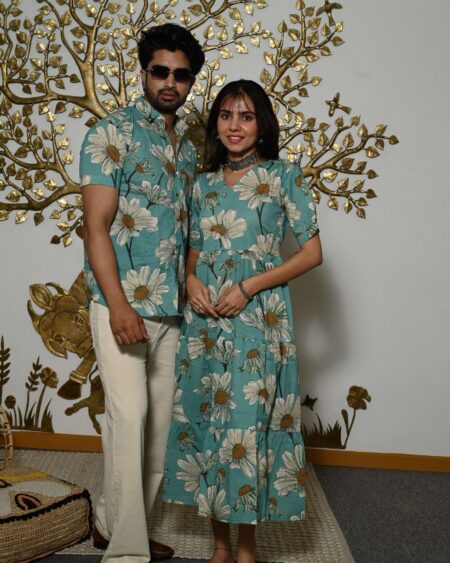 Couple Matching Teal-Blue floral Printed Cotton Anarkali Midi Dress & Shirt Set ? Summer Casual Wear