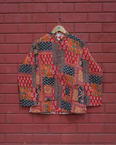 Womens Red Velvet Embroidered Jacket with Floral Design