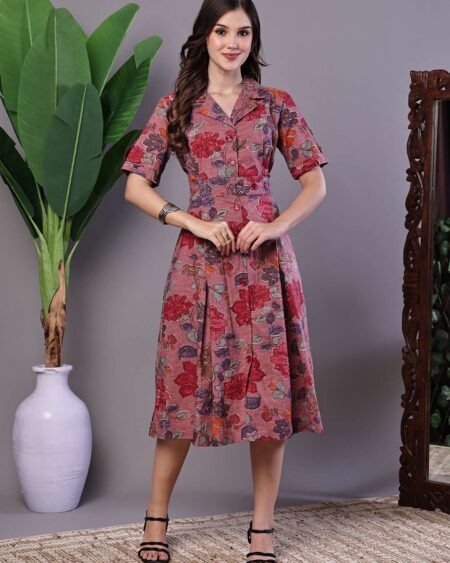 Women's Pink Floral Cotton Pleated Midi Dress with Collar