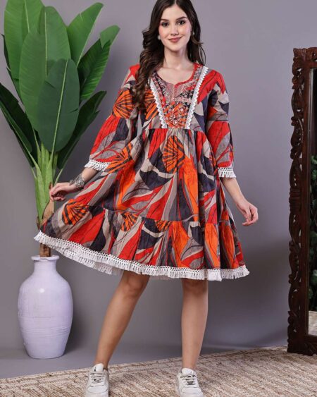 Wome's Multicolor Printed Cotton A-Line Dress with Embroidered Yoke Midi Dresses