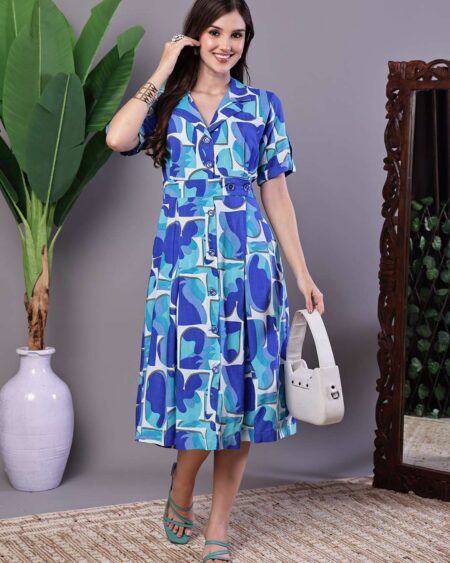 Women's Blue Abstract Print Cotton Shirt Dress