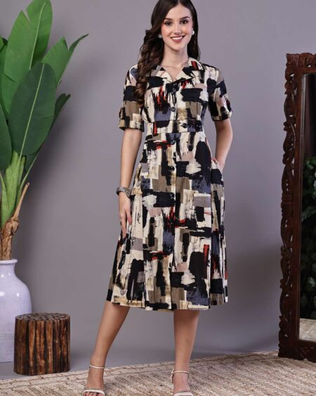 Women's Beige & Black Abstract Print Cotton Shirt Dress Midi Dresses
