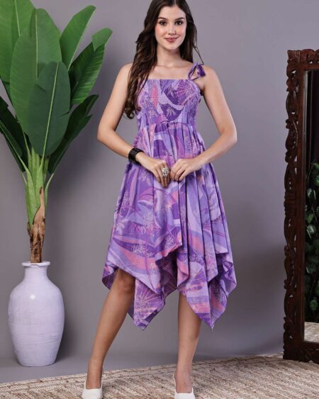 Women's Purple Printed Cotton Handkerchief Hem Midi Dress