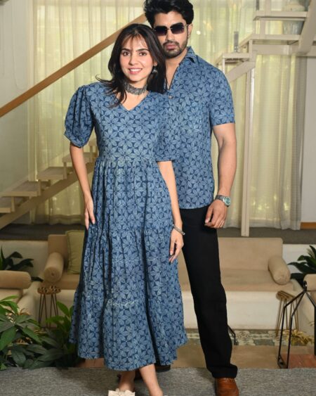 Couple Matching Blue Cotton Anarkali Midi Dress and Shirt Set ? Geometric Block Print