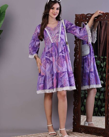 Wome's Purple Floral Cotton A-Line Dress with Lace Detailing Midi Dresses