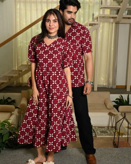 Couple Matching Maroon Cotton Anarkali Midi Dress and Shirt Set ? White Floral Print