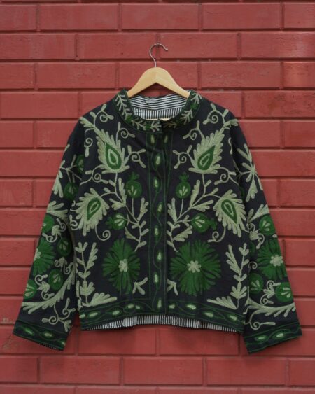 Womens Black Velvet Embroidered Jacket with Floral Design