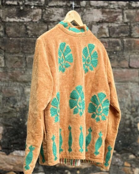 Womens Rust Velvet Embroidered Jacket with Floral Design