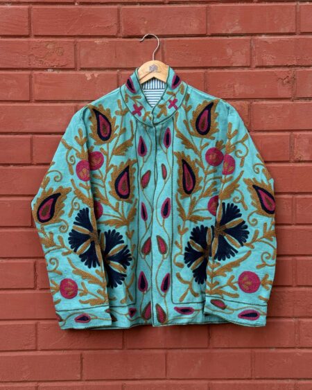 Womens Teal Blue Velvet Embroidered Jacket with Floral Design