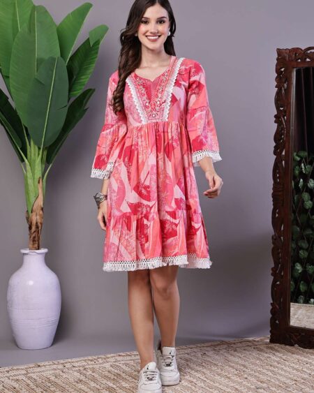 Wome's Pink Floral Printed Cotton A-Line Dress with Embroidered Yoke Midi Dresses