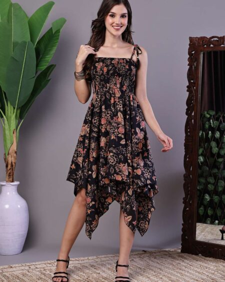 Women's Black Floral Printed Cotton Handkerchief Hem Dress Midi Dresses