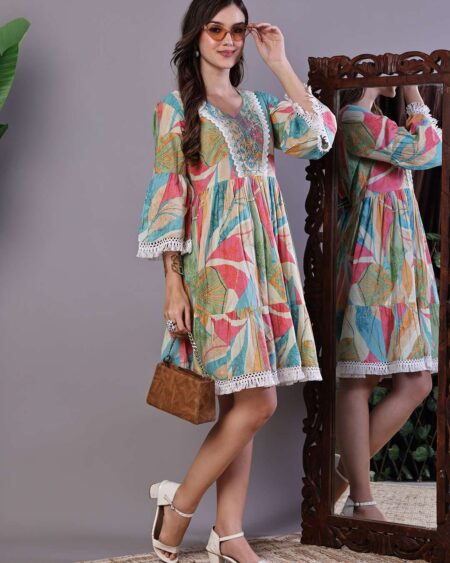 Wome's Multicolor Printed Cotton A-Line Dress with Embroidered Yoke Midi Dresses