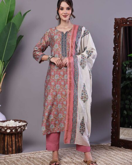 Women's Pink Floral Chanderi Printed Kurta Set with Dupatta Suit Sets