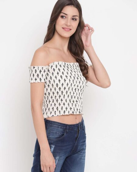 Women's Rayon Printed Off-Shoulder Smocked Crop Top Short Sleeve Casual Styles Tank Top (FREE SIZE) Multi36