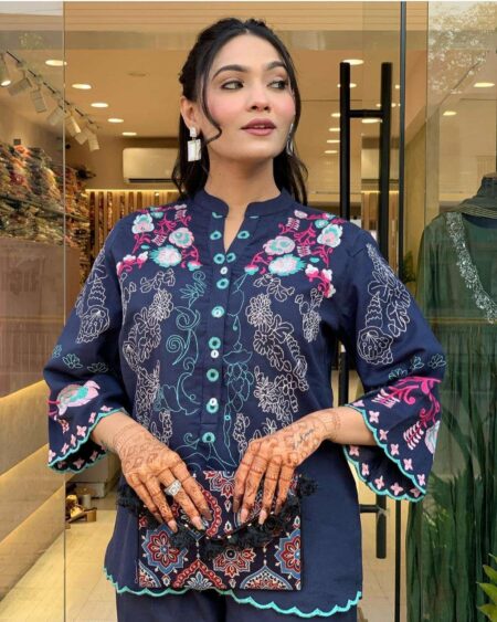 Women's Cotton Embroidery Straight Kurti With Pant Set