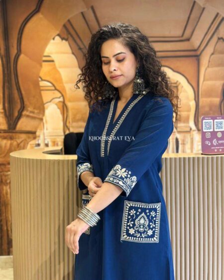 Women's Cotton Embroidery Straight Kurti With Pant Set