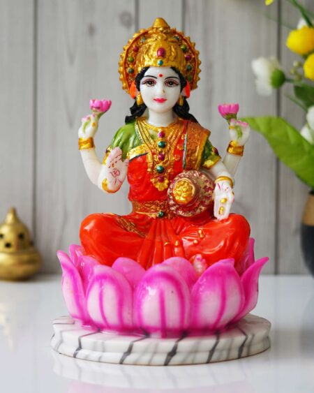 Hindu Goddess Lakshmi Statue Sitting on Lotus Flower (10.5 Inch)