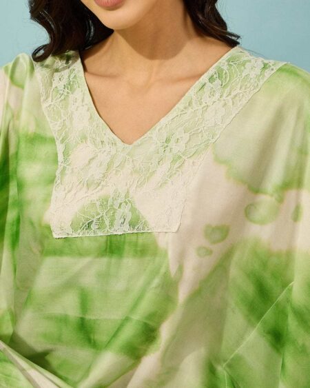 Women's Cotton Tie Dye Print Flowing Bell Sleeves Full Length Kaftan Drees Casual Beach Wear ( Green )