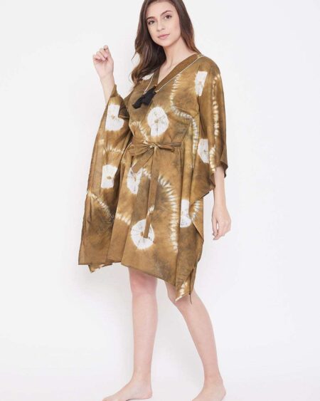 Women's Cotton Tie Dye Print Knee Length Kaftan Drees Beach Cover Up, Spring Casual Wear ( Brown )
