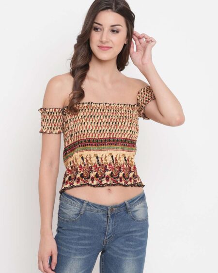 Women's Rayon Printed Off-Shoulder Smocked Crop Top Short Sleeve Casual Styles Tank Top (FREE SIZE) Multi4