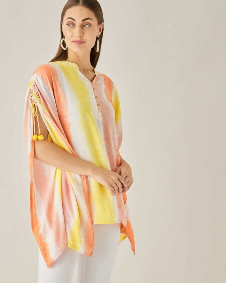 Women's Cotton Tie Dye Print Knee Length Mock Neck, Long Sleeve Kaftan Drees ( Multicolor )