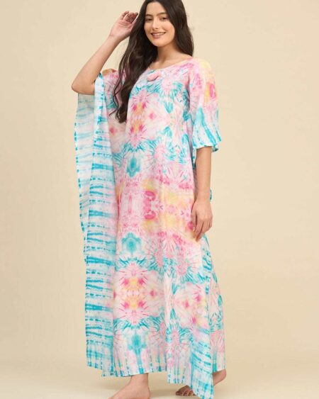 Women's Cotton Tie Dye Print Flowing Bell Sleeves Full Length Kaftan Drees Casual Beach Wear ( Multicolor1 )