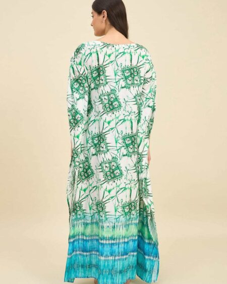 Women's Cotton Tie Dye Print Flowing Bell Sleeves Full Length Kaftan Drees Casual Beach Wear ( Green White )