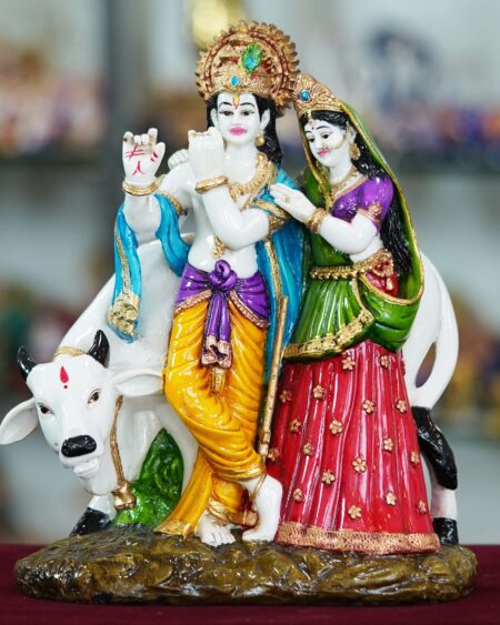 Radha Krishna with Cow Resin Sculpture - Divine Harmony and Blessings for Your Home