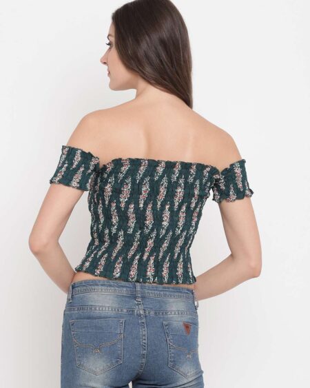 Women's Rayon Printed Off-Shoulder Smocked Crop Top Short Sleeve Casual Styles Tank Top (FREE SIZE) Multi37