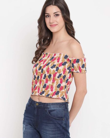 Women's Rayon Printed Off-Shoulder Smocked Crop Top Short Sleeve Casual Styles Tank Top (FREE SIZE) Multi32