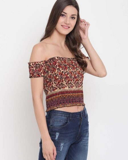 Women's Rayon Printed Off-Shoulder Smocked Crop Top Short Sleeve Casual Styles Tank Top (FREE SIZE) Multi3