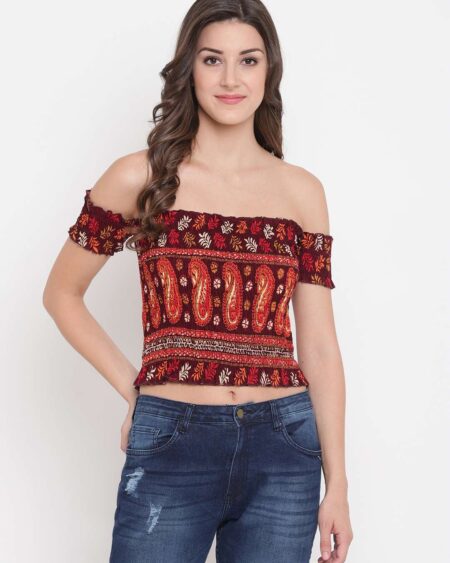 Women's Rayon Printed Off-Shoulder Smocked Crop Top Short Sleeve Casual Styles Tank Top (FREE SIZE) Multi2